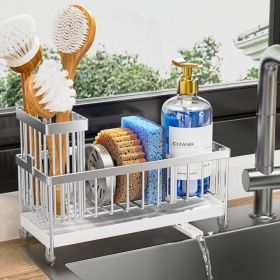 Stainless Steel Kitchen Sink Sponge Holder With Tall Brush Holder, Rustproof Countertop Caddy Organizer 9.25 Inch (Option: Silver)